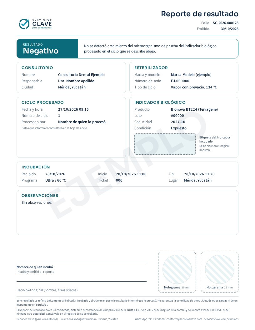 Ejemplo de Reporte de resultado negativo, con datos ficticios y la marca de agua EJEMPLO